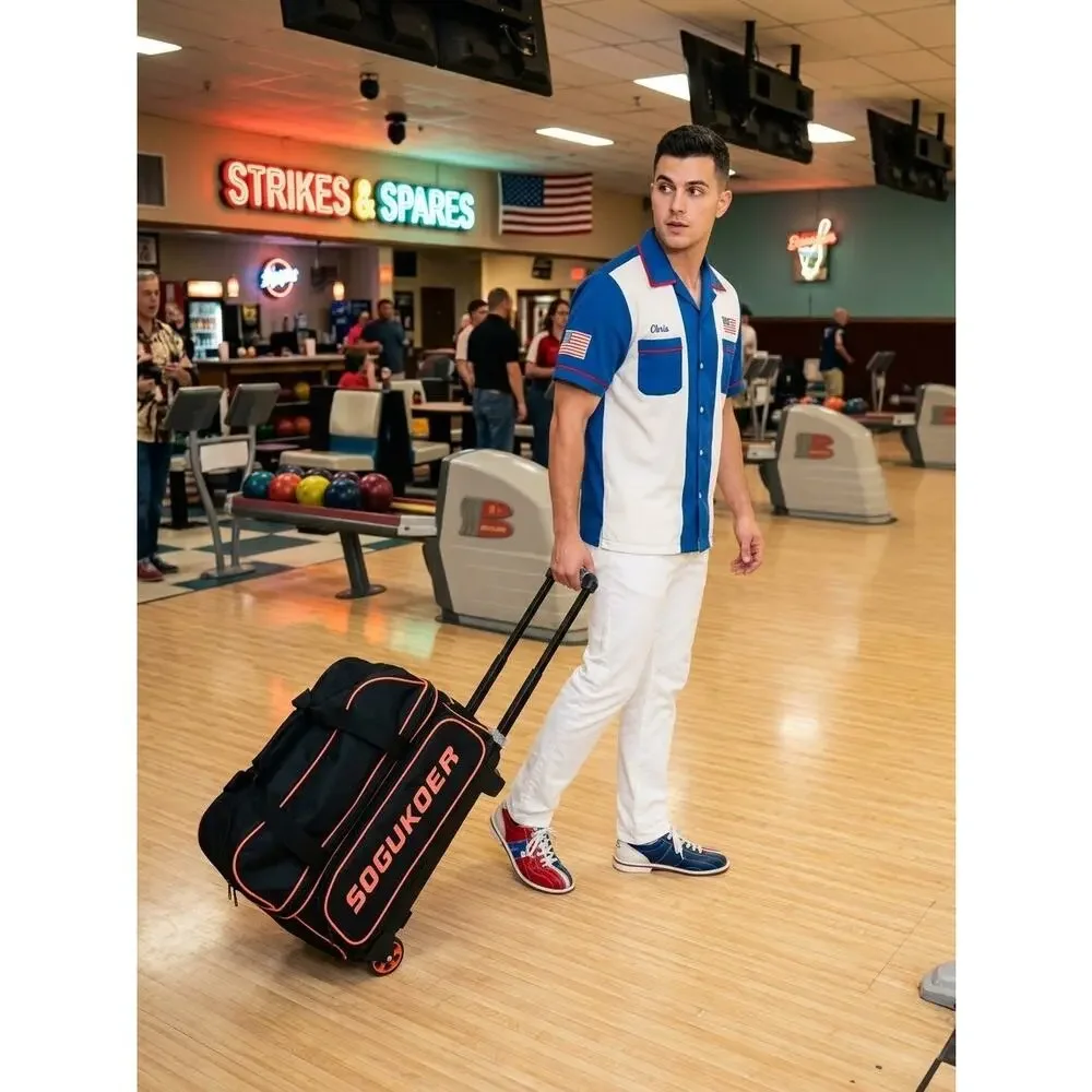 SOGUKOER 2-Ball Roller Bowling Bag Black/Orange Rolling Tote with Handle &wheels